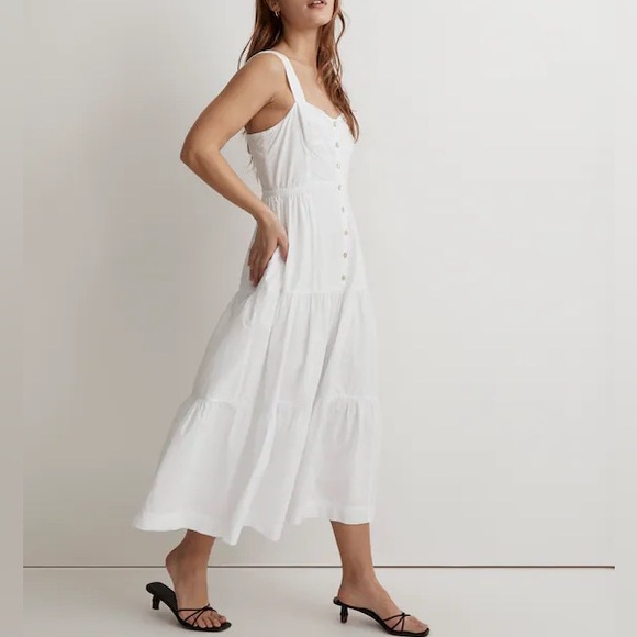 Madewell Button-Front Tiered Midi Dress Size Medium White Sleeveless - Picture 4 of 16